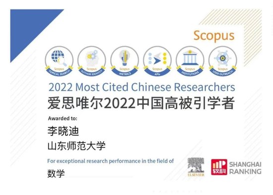 2022年李曉迪教授高被引證書